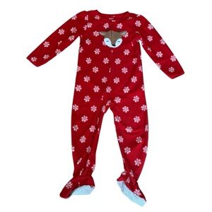 Carter’s Red Fleece Christmas Pajama Footed Deer Slipper Zip Snowflakes 5T